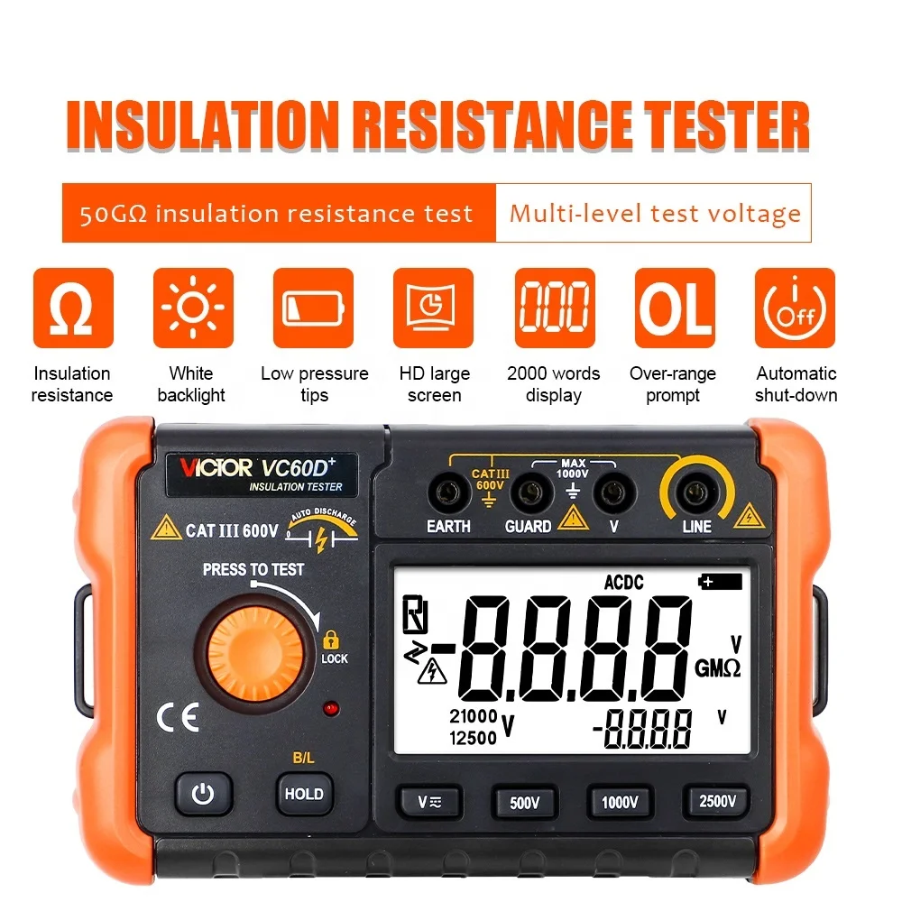 VICTOR 60D+ Displays in 2000 Digits Intelligent Micro-insulation Tester Short Circuit Measurement Current More Than 1 MA