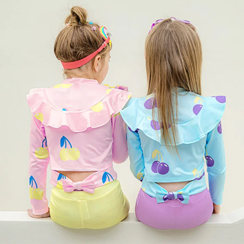 Fashion 2 Piece Kids Girls Swimming Suit Cherry Pattern Long Sleeve Sun Protection Quick-Drying Rash Guard Tankini