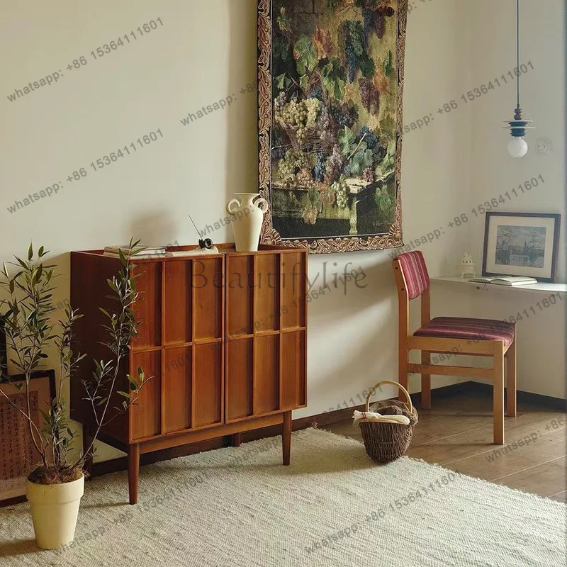 

Retro solid wood dining side cabinet medieval household French wall skeleton line living room storage side cabinet