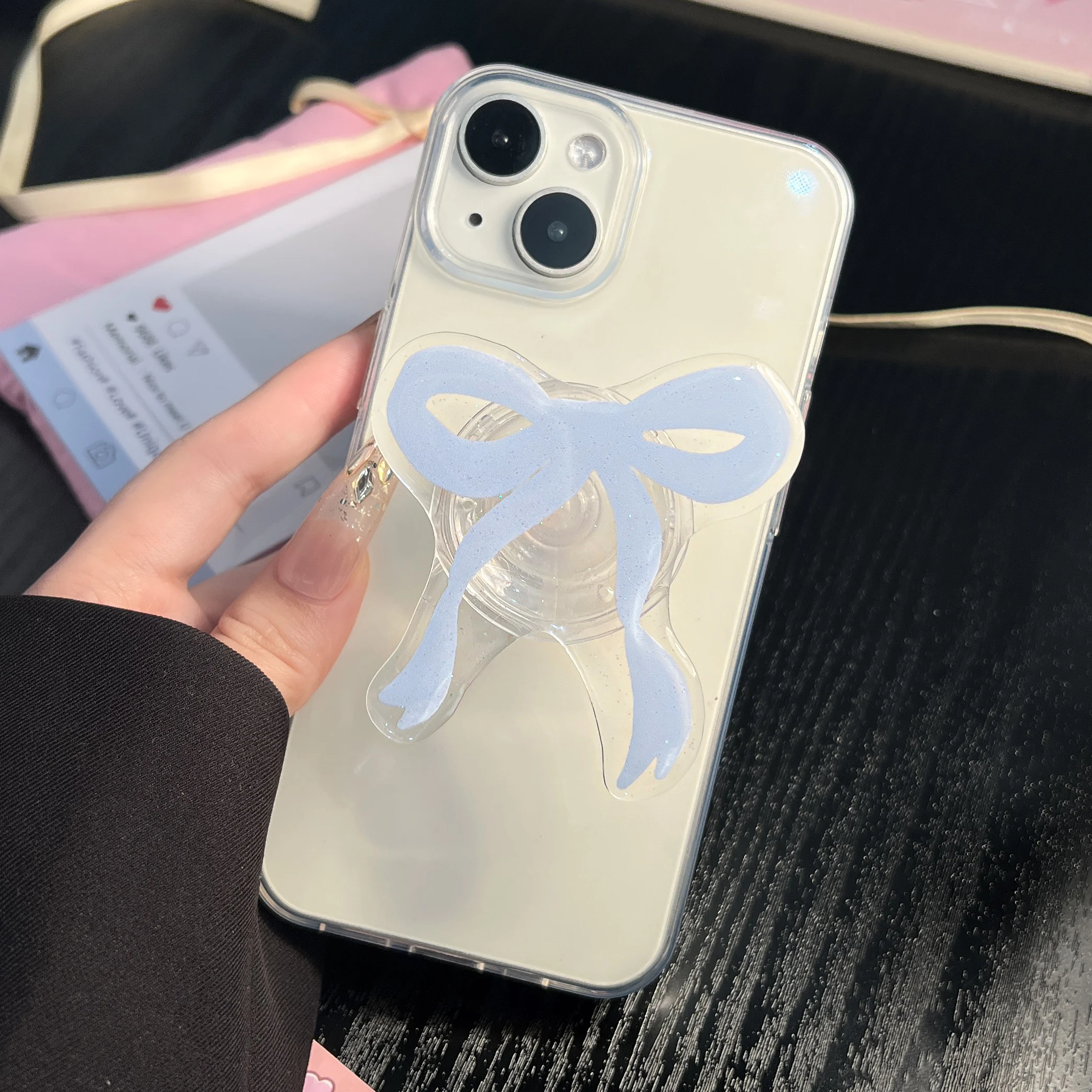 Poignée de support à nœud rose mignon, support de téléphone Tok Griptok adapté à la tablette iPhone 16