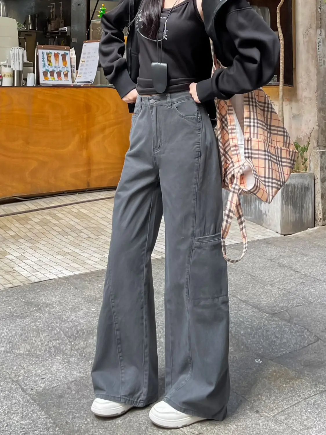 جينز نسائي Y2k جينز أمريكي ريترو رمادي البضائع السراويل عالية الخصر فضفاضة واسعة الساق الاغراء تنوعا مستقيم الساق بنطلون