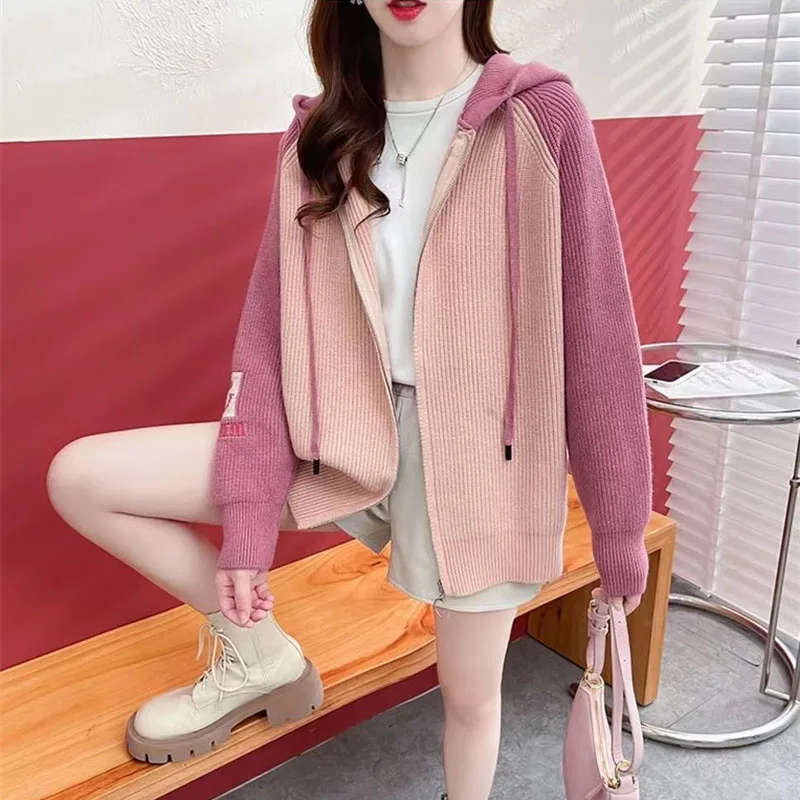 

Autumn Winter Splicing Hooded Knitt Cardigan 2023NewWomen Korean Fashion Loose Casual Zipper Coat Female Sweater Outerwear Tops