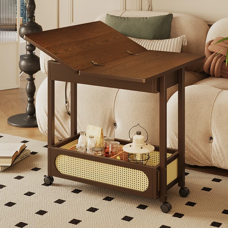 طاولة جانبية عتيقة قابلة للطي مع عجلات، طاولة قهوة متنقلة صغيرة، عربة غرفة المعيشة الرجعية، طاولة نهاية موفرة للمساحة مع مساحة تخزين