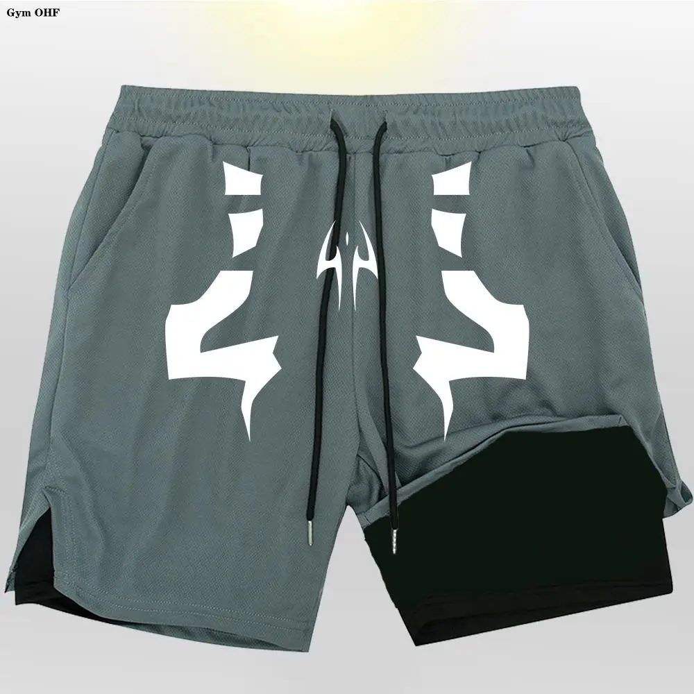 Double Deck 2 in 1 Running Shorts Male Workout Training Yoga Gym Sportswear Short Pants With Pockets Anime Jujutsu Kaisen Shorts