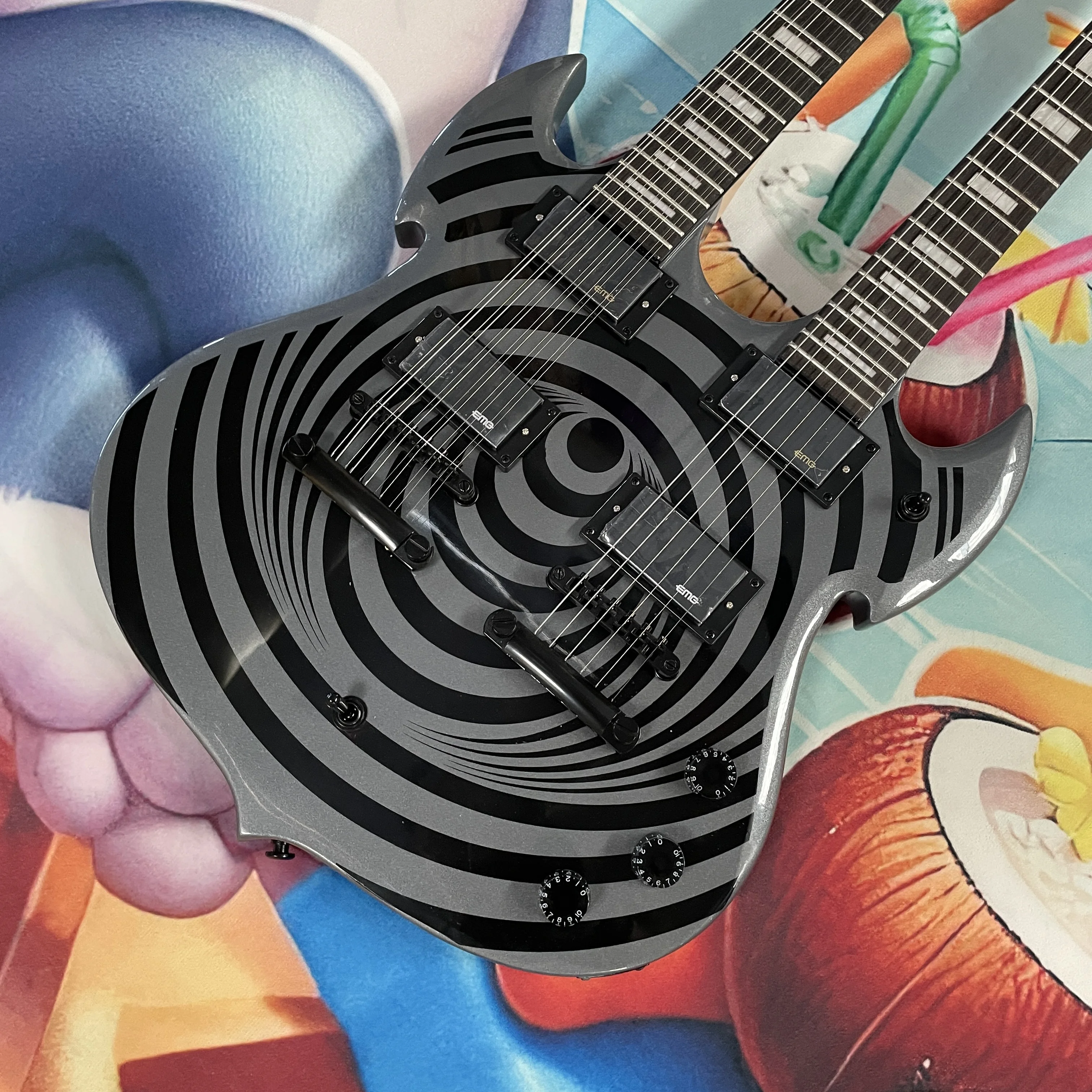 

12+6-струнная электрогитара с двойной головкой и черной фурнитурой, электрогитара серого и черного цвета с накладкой из палисандра