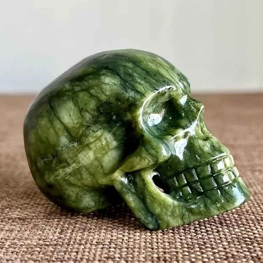 Natural Green Serpentine Skull Carving, Crystal Skull Jade Skulls Statue Home Decor Reiki Stone Gifts