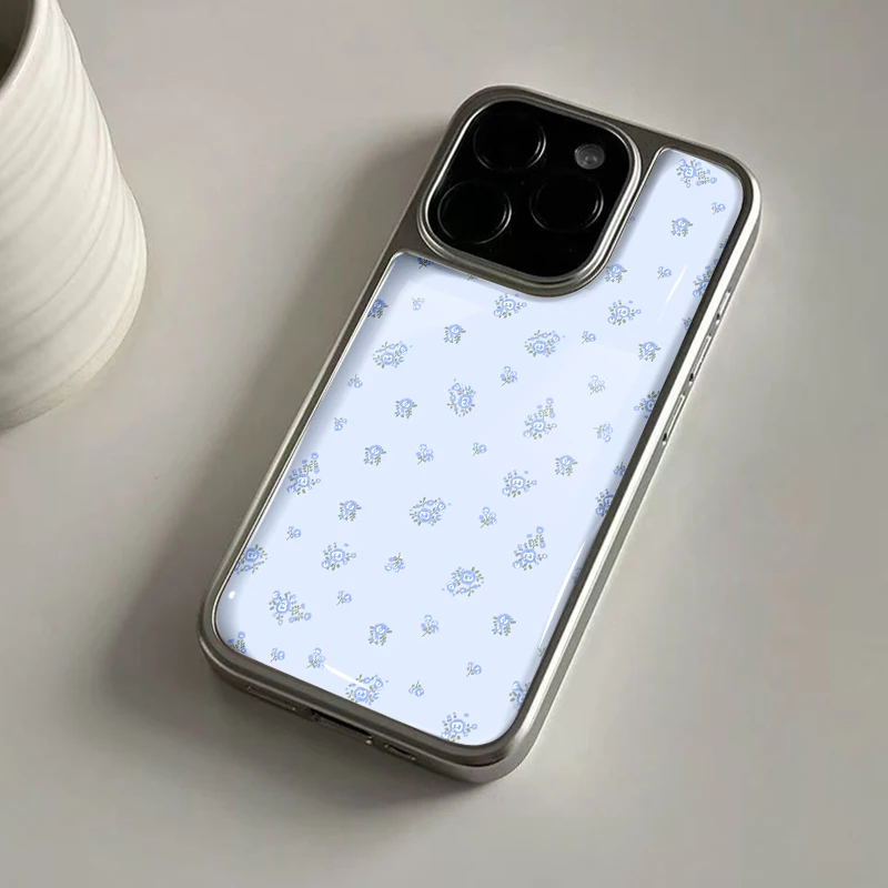 Ins frische blaue Blumen Hydrogel-Rückplatte Silber Rand stoßfeste Handyhülle für iPhone 17 16 15 14 Pro Max