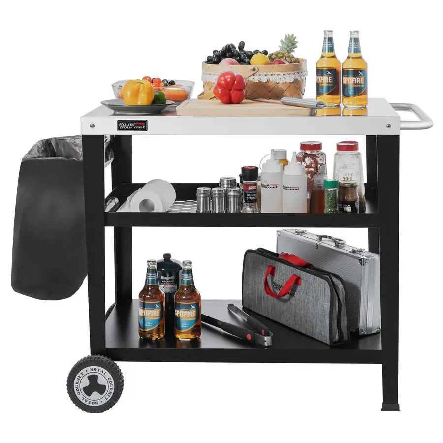 

Gourmet PC3404S Rolling Dining Table with Trash Bag Holder, Outdoor Garden Patio BBQ Kitchen Food Prep Table Cart, 34L x 20W St
