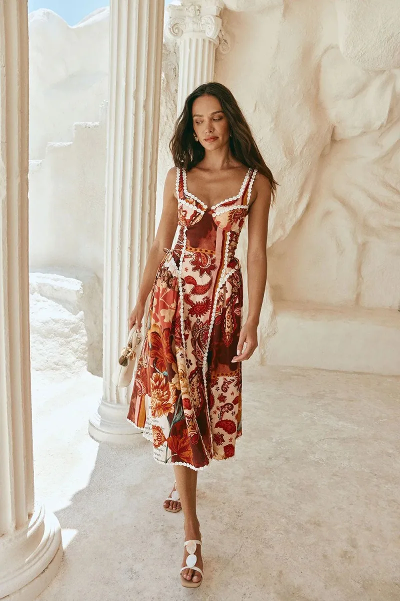 Damen Vintage Paisley Blumenmuster Midikleid mit Ösen-Spitze, Spaghettiträgern, Korsett und Schnürung, fließendes A-Linien-Sommerkleid für den Urlaub – Detail 3