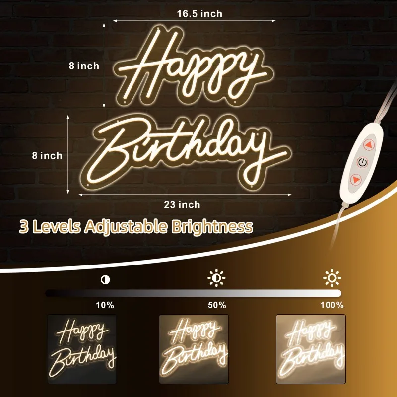 Happy Birthday-Grande enseigne au néon pour décoration murale, avec interrupteur à gradateur, décoration de toutes les fêtes, taille 16.5x8 pouces, 23x8 pouces, 5V, USB