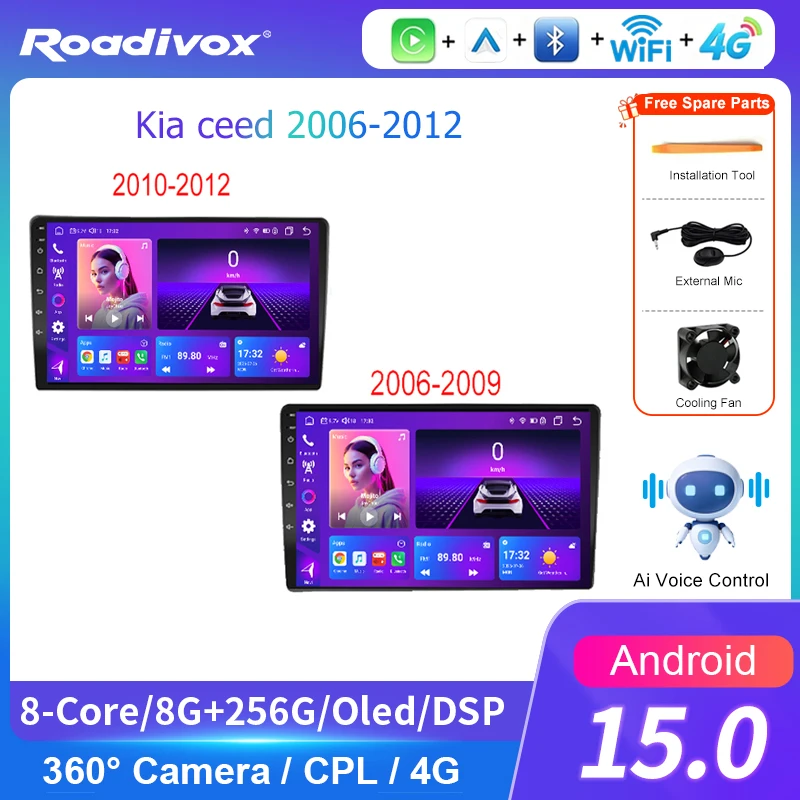 AI VOICE Roadivox Android 15 for Kia ceed 2006 2012 Car Radio Multimedia Player GPS Navi AI Voice Control Tape Recorder Carplay