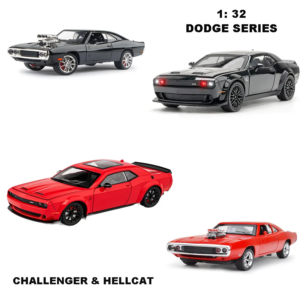 1: 32 Dodge Series,Challenger Hellcat Vintage Classic Alloy Car Model Toy Pull Back Cars With Sound and Light For Kids Gift