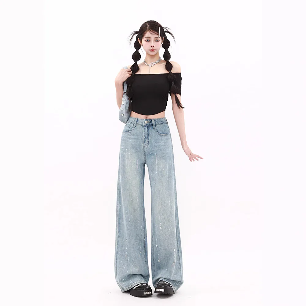 여성 다이아몬드 청바지 와이드 레그 팬츠 하이웨이스트 빈티지 풀렝스 포켓 워싱 루즈핏 2025 여름 디스트레스드 지퍼 플라이