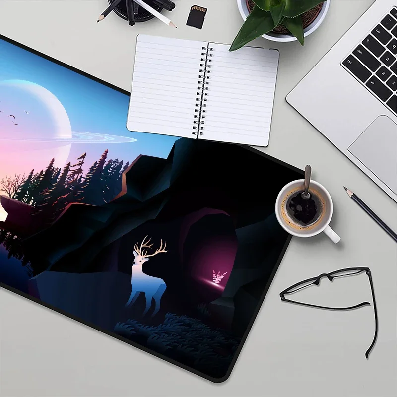 Deer Moused Pad Mouse Landscape Xxl Mousepad Anime Forest Rocks Keyboard Gaming Mats River Planet Desk Mat Deskpad Playmat Gamer