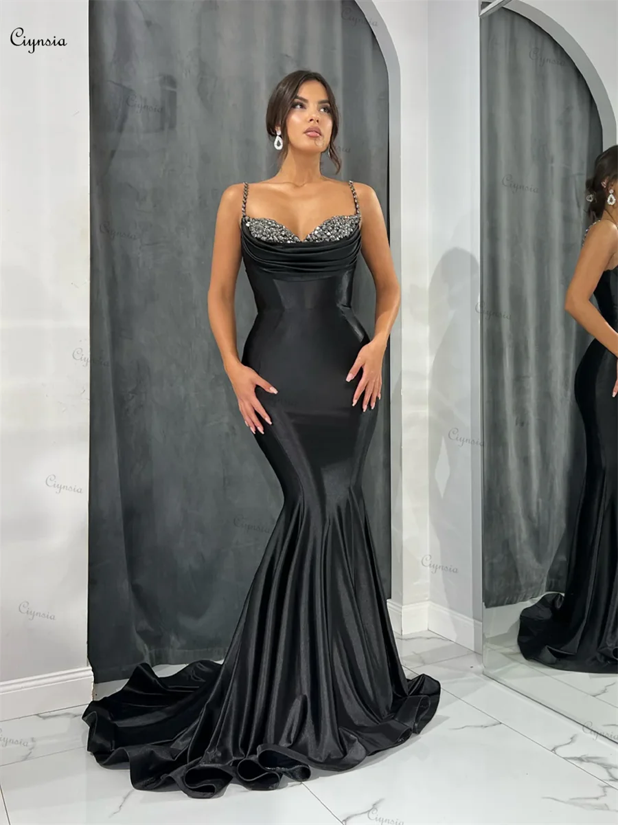 

Ciynsia Elegant Black Prom Dresses Long Sweetheart Satin Rhinestones Evening Gown Mermaid Spaghetti Straps Vestidos De Fiesta