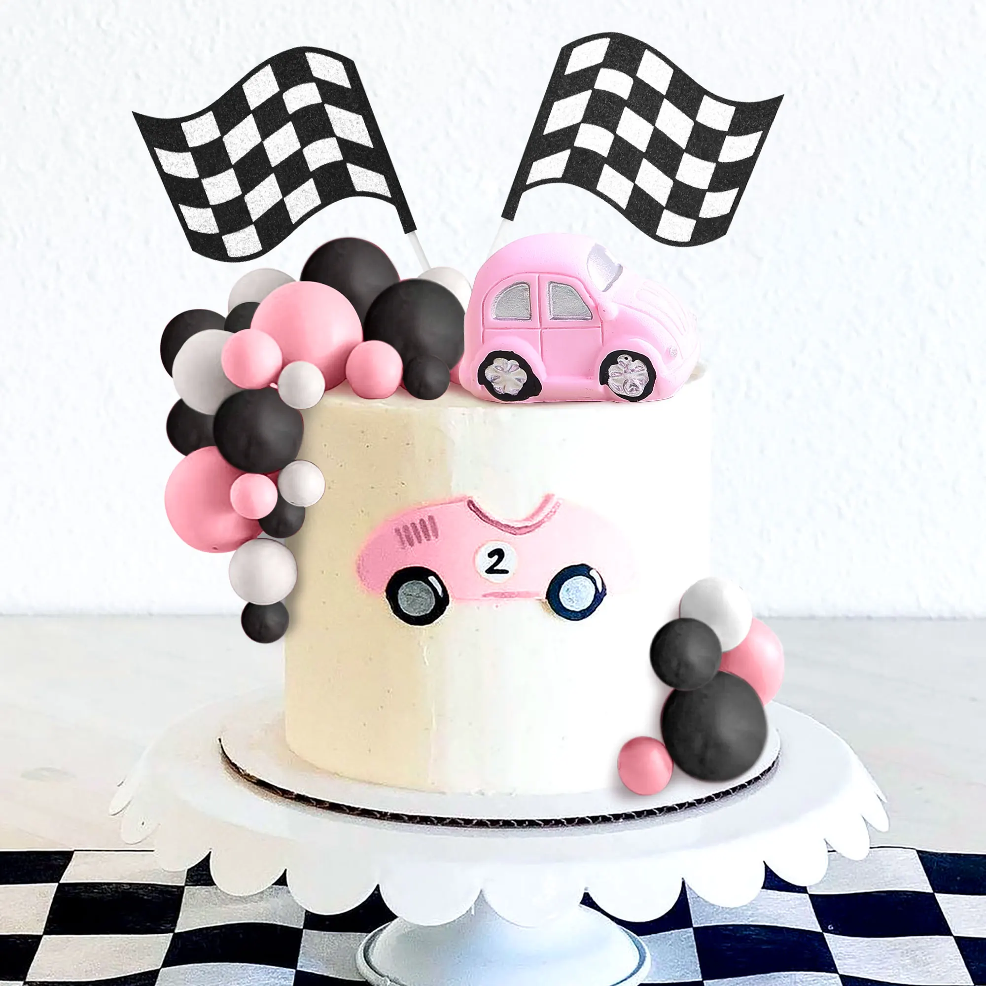 LaVenty Pink Race Car Cake Decorations Car Cake Topper Checkered Flag Cake Topper Growing Up Two Fast Birthday Decorations