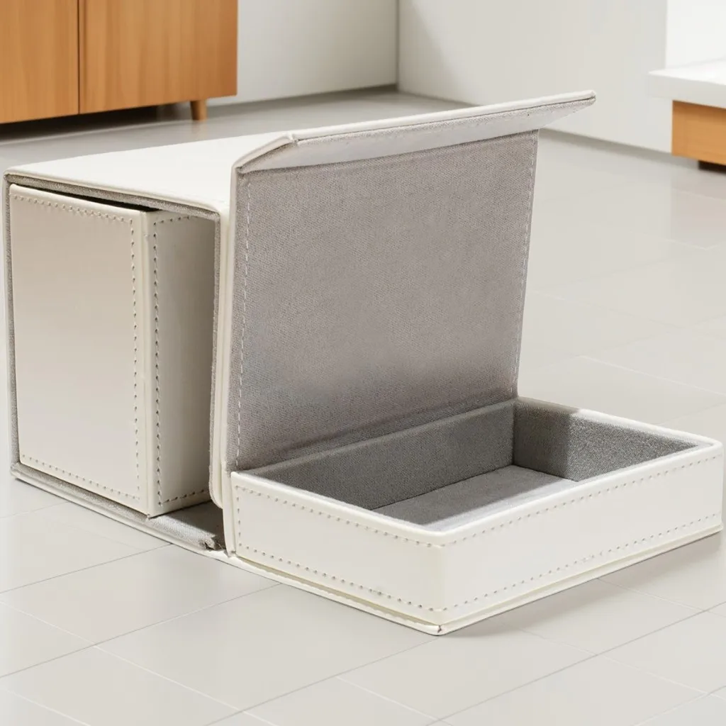 

Текстурированный флип-ящик для хранения из белой кожи сочетает защиту, портативность и эстетика. Это практичный инструмент для карт.