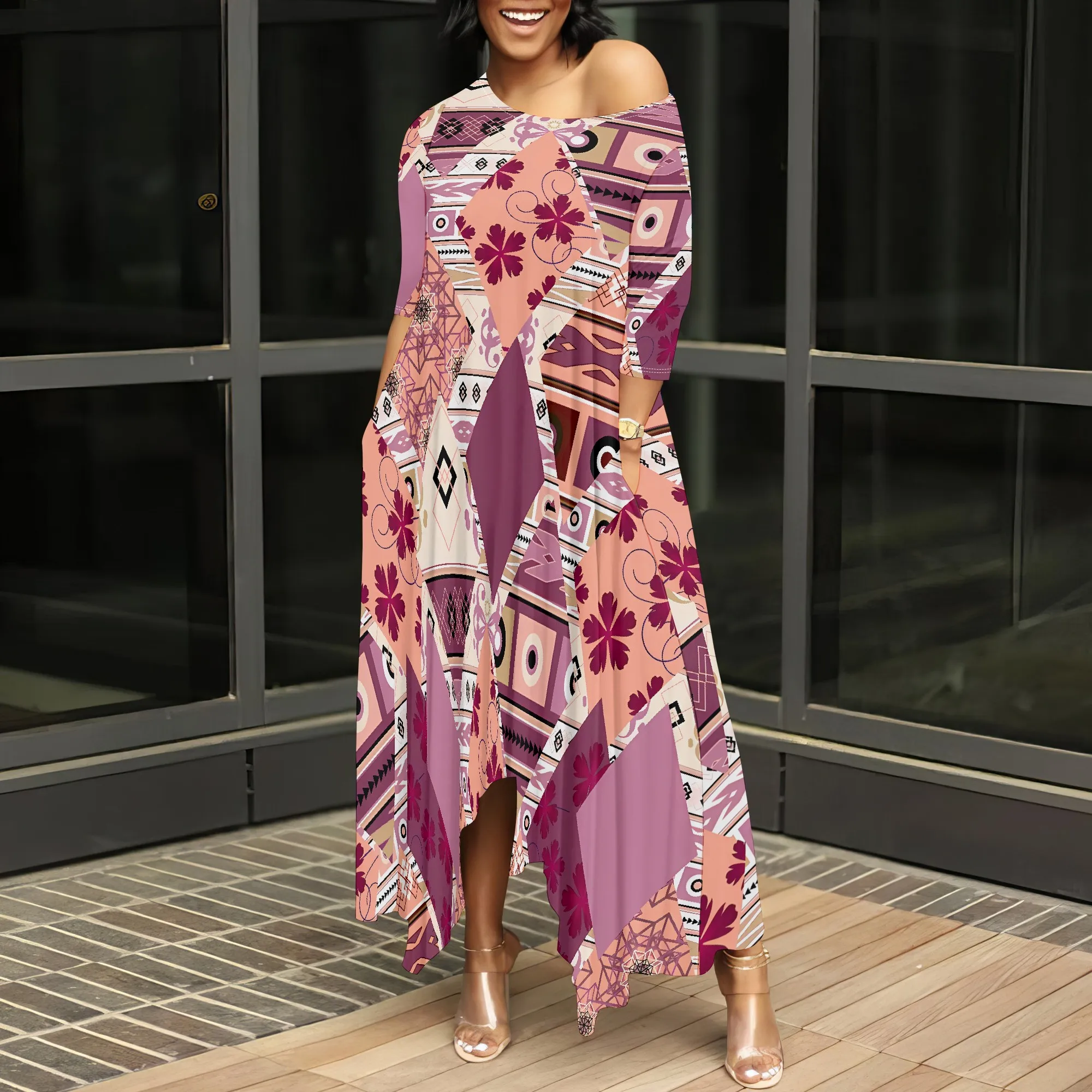 

Tribal Patchwork Print Maxi Dress for Women Off Shoulder Loose Fit Summer 3/4 Sleeve Elegant Dress