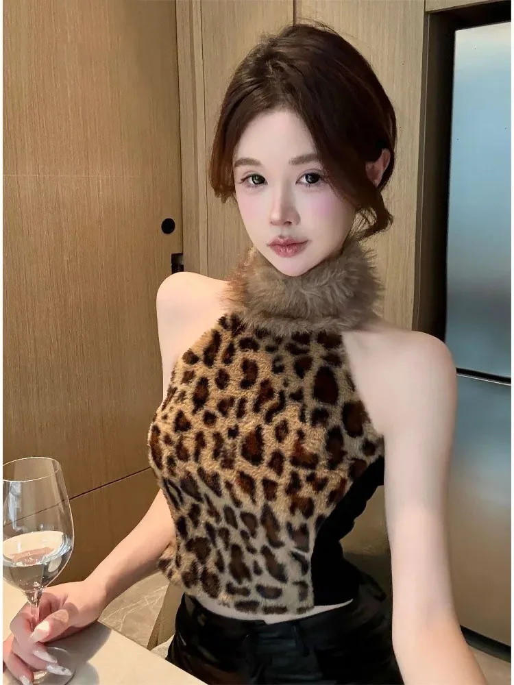 Sexy Crop Tank Tops Women Furry Patchwork Leopard Printed Fashion Slim Clubwear Y2k Harajuku Ladies Camisole Casual