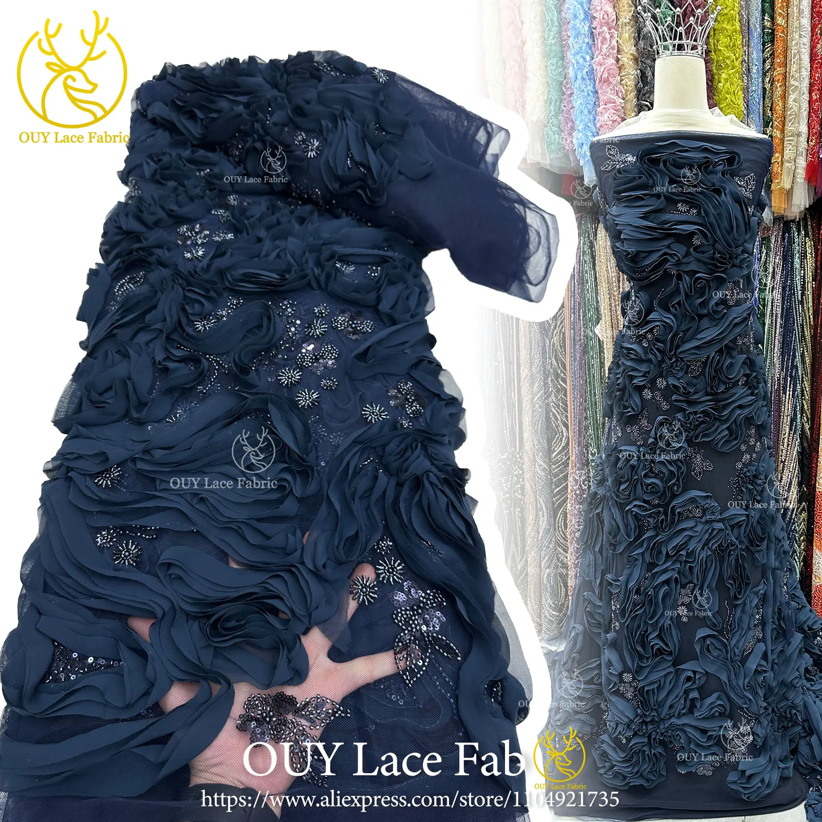 ผ้าลูกไม้ 3 มิติ ลายแอฟริกัน ปี 2026 ผ้าลูกไม้ทูลล์ฝรั่งเศสประดับเลื่อมคุณภาพพรีเมียม เหมาะสำหรับชุดงานเลี้ยงและชุดแต่งงาน 5 หลา