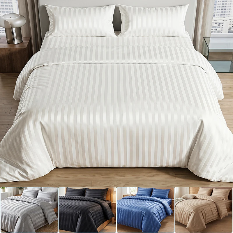 Satin Striped Duvet Cover Set, Silky Jacquard Vertical Stripe Bedding with 1 Duvet Cover + 2 Pillow Cases, Wrinkle Resistant