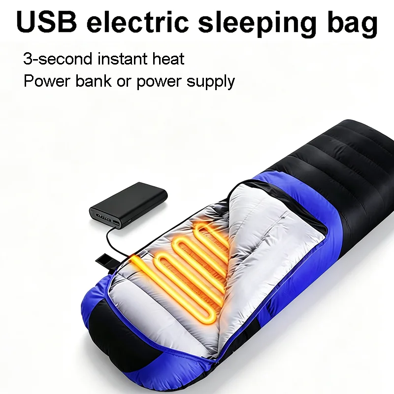 USB Heating Sleeping Bag Thicken Camping Hiking Connection To Power Bank Winter Autumn Sleeping Bag Outdoor Survival Camp Gear