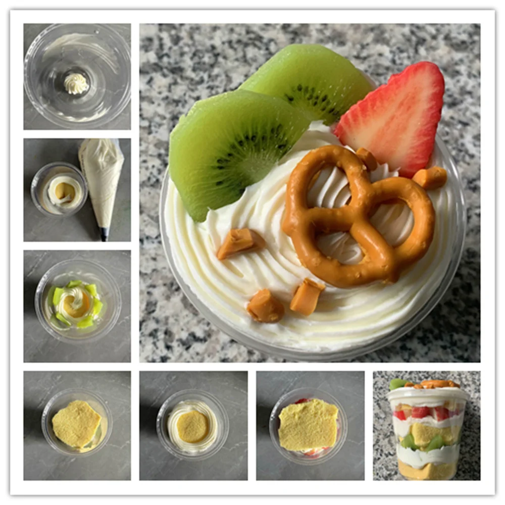 Fruit Cup Cake Health Nutrition Explanation Prop same dessert as the real one Green Fruit Kiwi strawberry Alkali water Biscuit