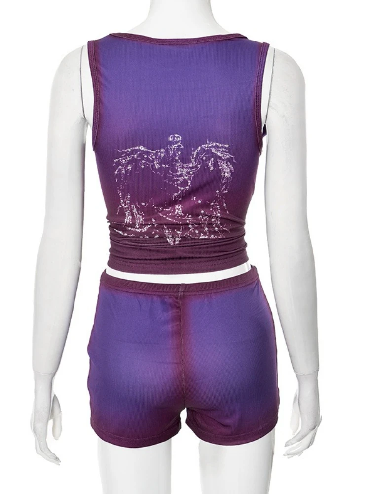 Foamlina Y2K Dye-tie Stampa Set da 2 pezzi 2026 Nuove donne di estate Moda senza maniche Lettere Crop Canotta e pantaloncini coordinati Abiti