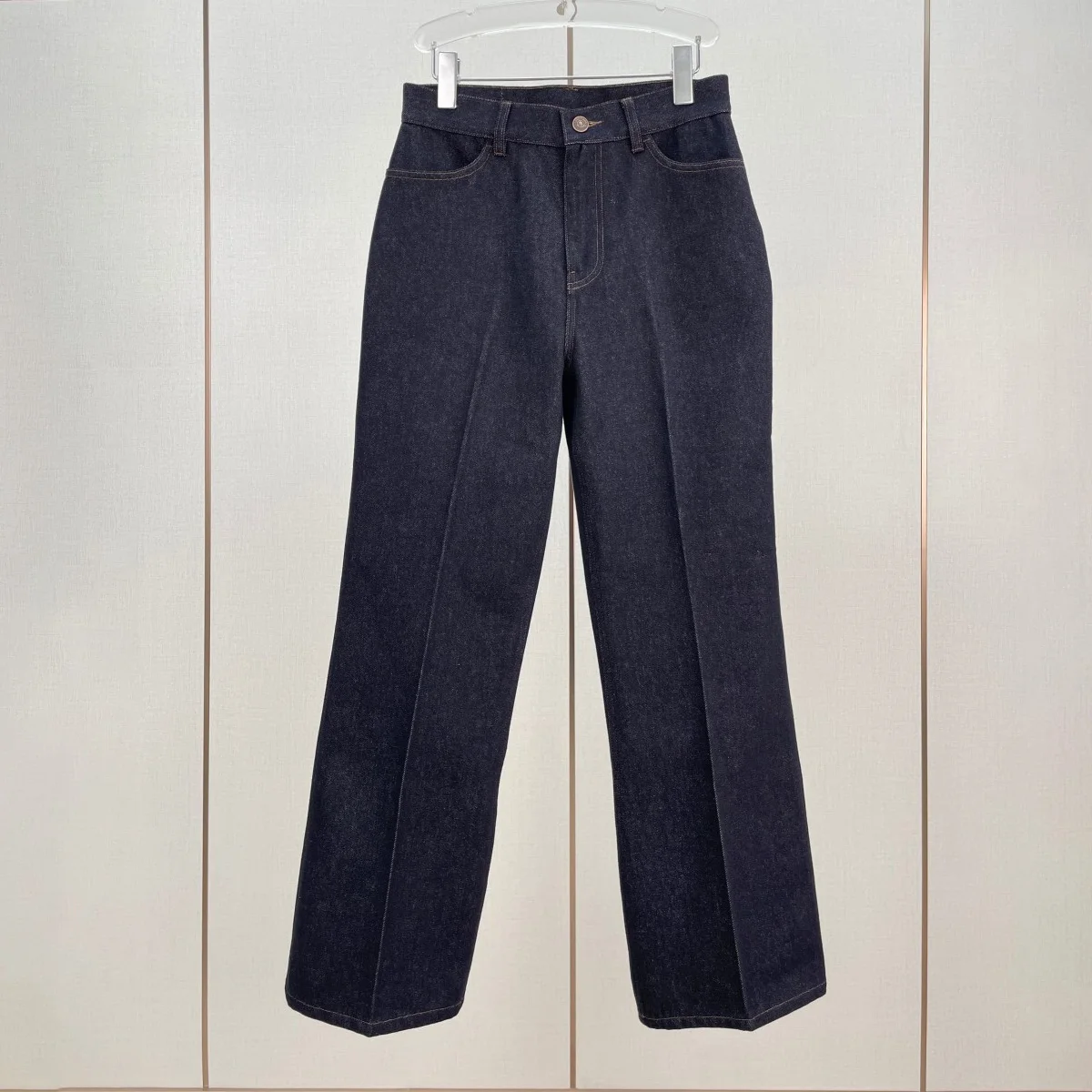 High Quality Women High Waist Flare Jeans, Dark Raw Denim Slim Fit Versatile Long Trousers lyt134617