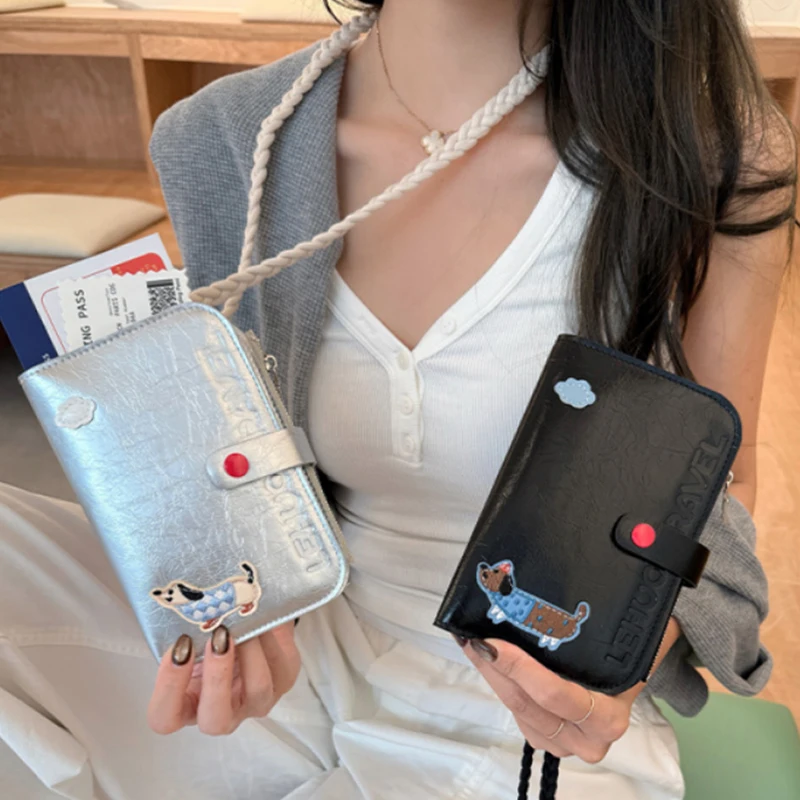 Cute Dog Crossbody Card Wallet Boarding Pass-style Passport Holder Detachable Shoulder Strap Multi-slot Zippered Travel Wallet