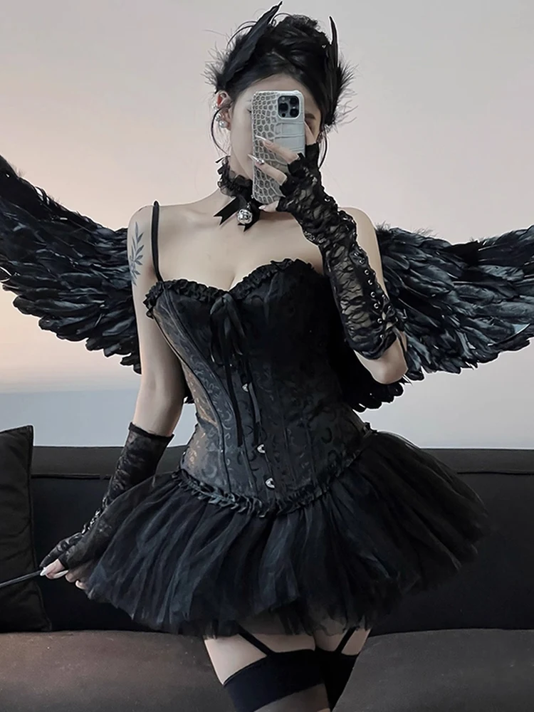 

Сексуальный костюм дьявола ангела горничной на Хэллоуин, сценическое представление, чистое желание, модное бюстье на бретельках, костюм из двух предметов для женщин