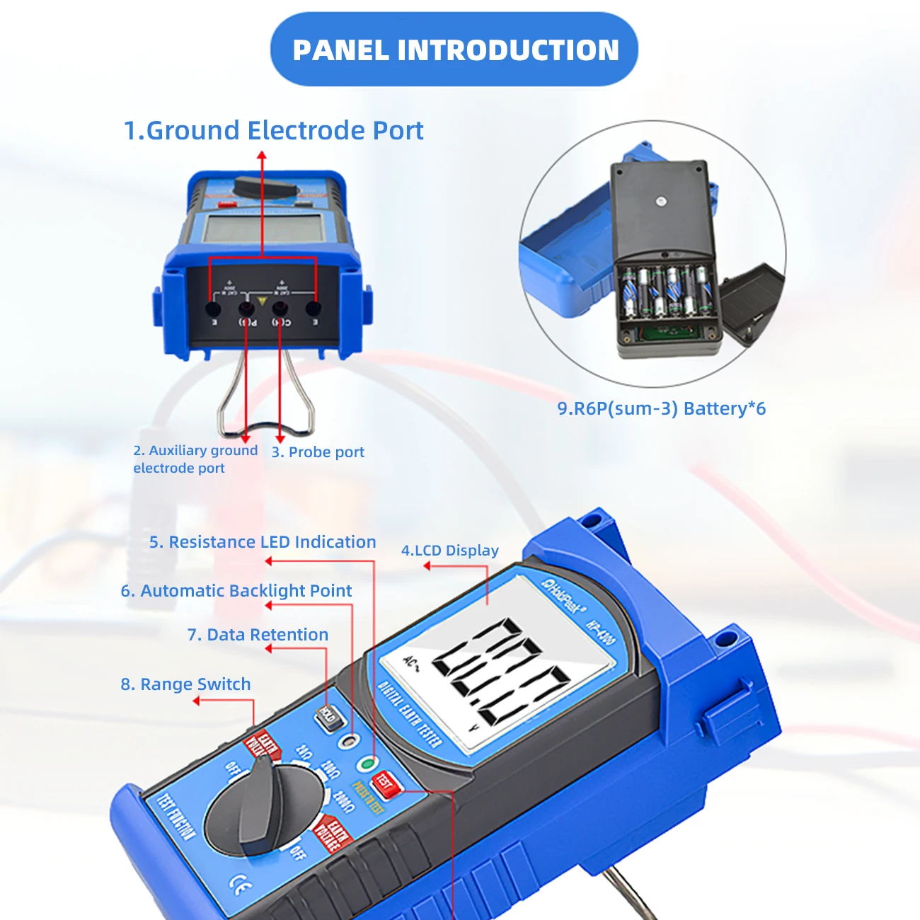 HoldPeak HP-4300 Ground Resistance Tester LCD Digital Earth Resistance Voltage Megohmmeter Voltmeter