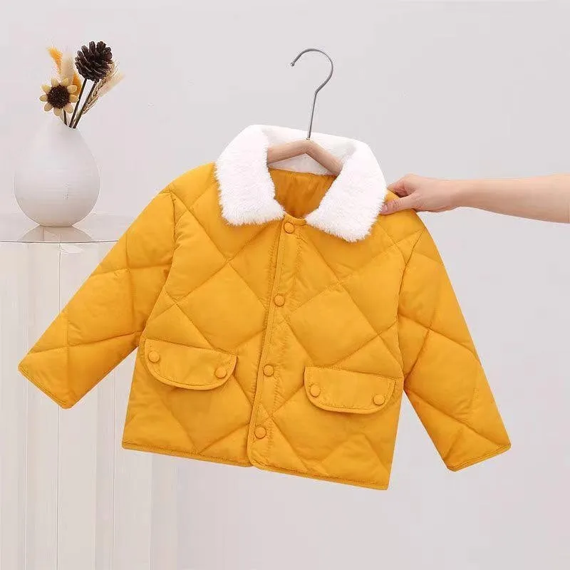 

Children's Fur Collar Jacket Korean Version of Loose Cotton-padded Clothes Rhombus Grid Short Cotton-padded Jacket