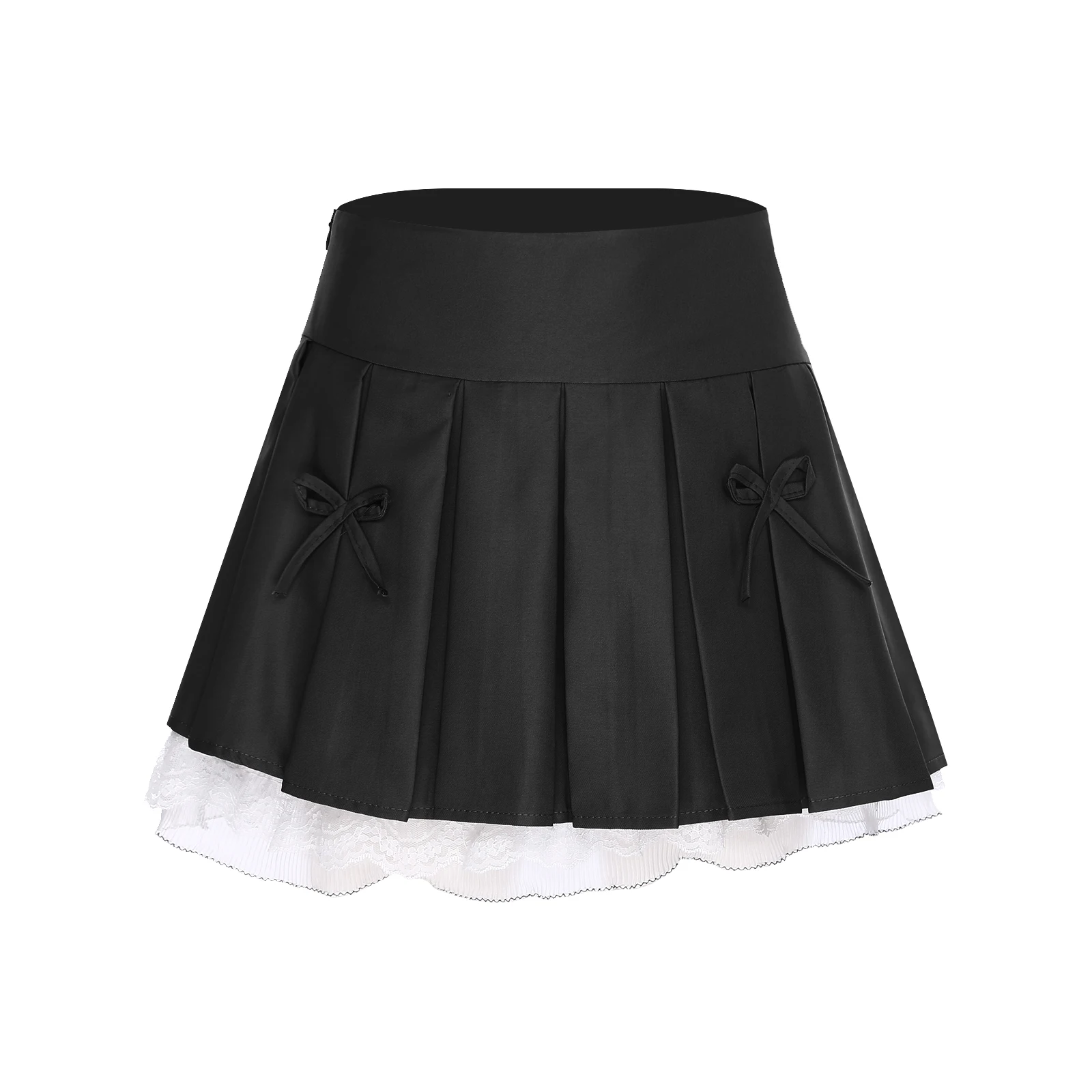 

Womens High Waist Pleated Skirt Bows Decorated Lace Trim Built-in Safety Shorts JK Skirt Solid Color Casual Campus A-line Skirt