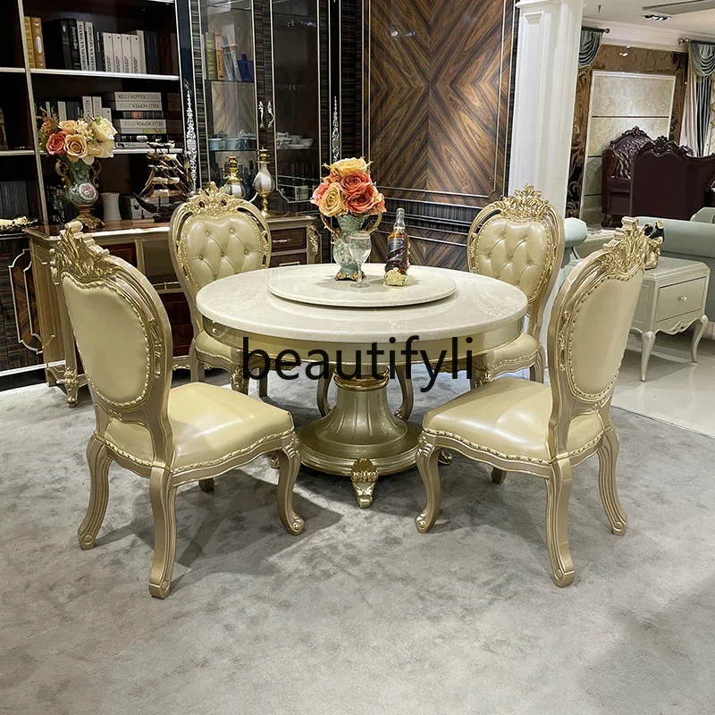 

French solid wood round dining table marble luxury carved dining room matching furniture2936
