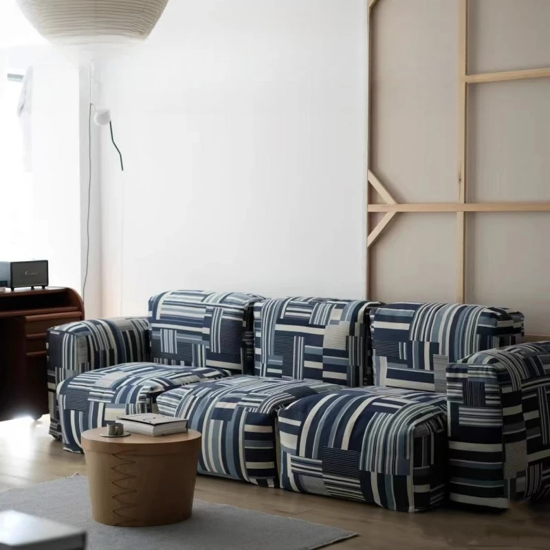 

Niche retro design denim splicing cloth sofa casual lazy wind small apartment bread module living room sofa