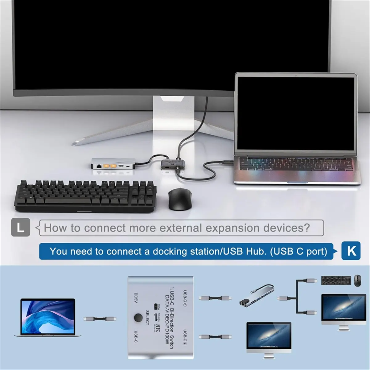 Switch Splitter for 2 Computers, Bi Directional USB C KVM Switch 1 in 2 Out for 8K@60Hz/4K@144Hz Video Transfer 10Gbps