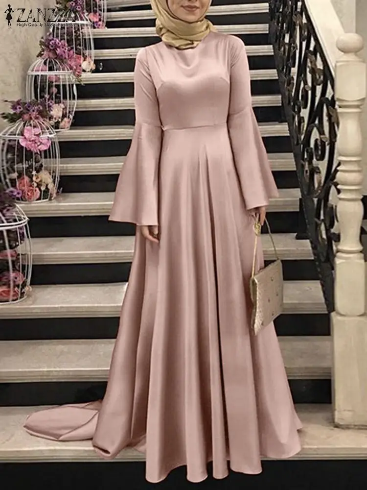 ZANZEA bahar müslüman kadın elbise parlama kol o-boyun katı Abaya Kaftan Sundress Femme moda rahat Dubai Abaya Robe 2023