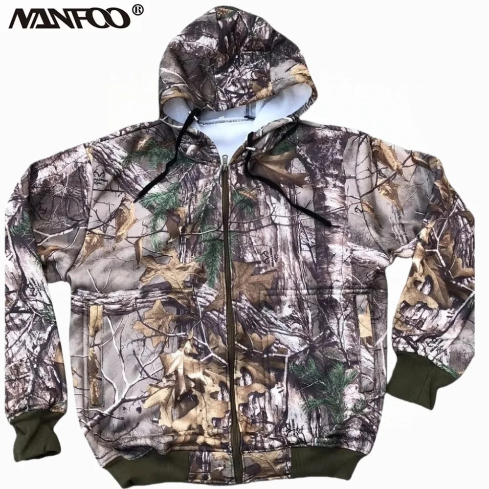 フリースインナーサーマルアウトドアスポーツフード付きコートソフト通気性フロントジッパー木バイオニック迷彩狩猟釣り冬コート