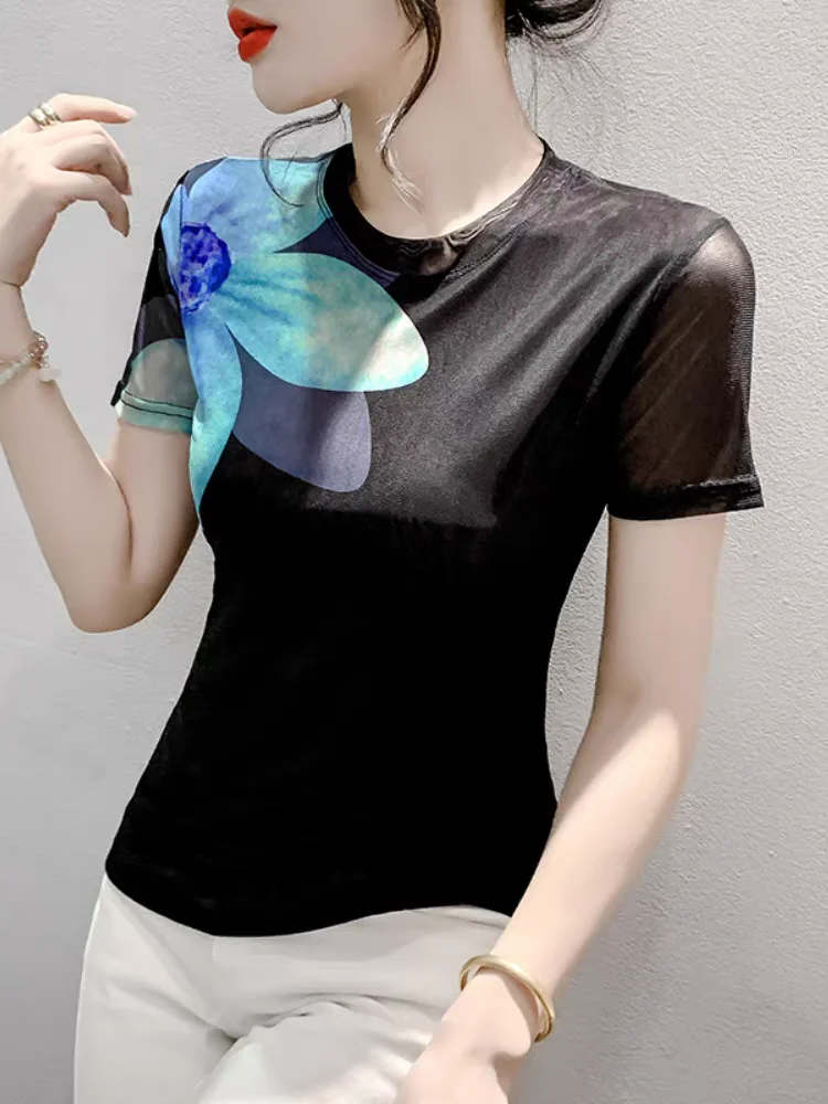 เสื้อยืดคอกลมแขนสั้นลายดอกไม้เข้ารูปสำหรับแฟชั่นสำหรับผู้หญิงเสื้อยืดเทรนด์สำหรับเด็กผู้หญิงเสื้อยืดสไตล์ยุโรปฤดูร้อน