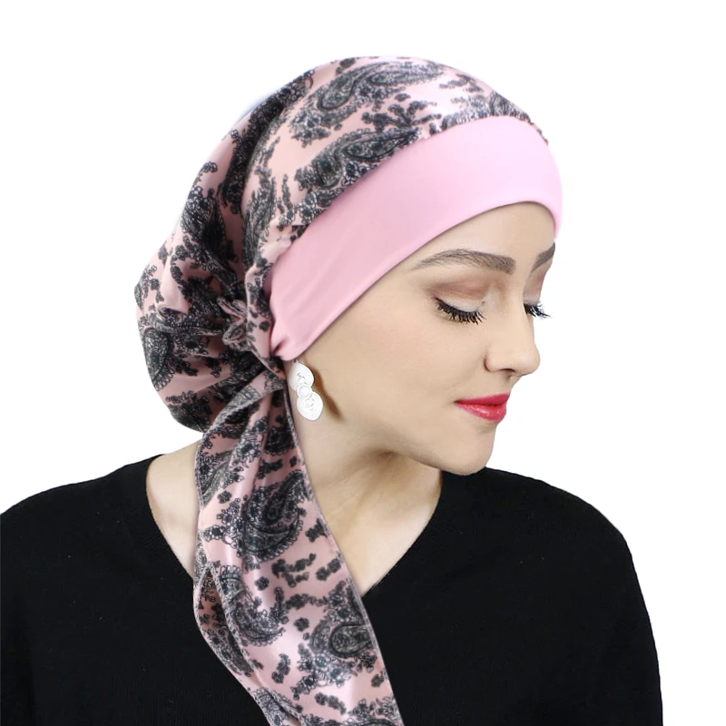Gedruckt Pre-tie Kopftuch Frauen Elastische Muslimische Weibliche Turban Krebs Chemo Hut Haarausfall Abdeckung Kopf Wrap Kopfbedeckung Stretch Bandana – Detail 12