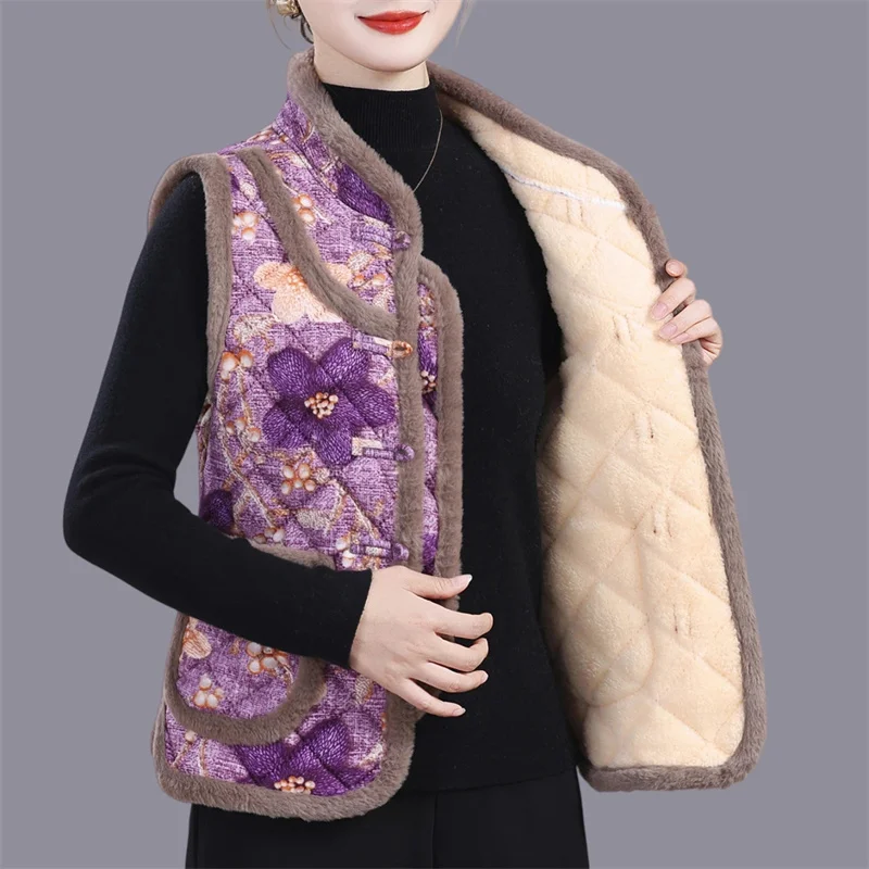 

Mom's Ethnic Vest Coat Autumn Winter Thicken Fleece Warm Sleeveless Jacket Middle-aged Elderly Women Cotton Padded Waistcoat 5XL