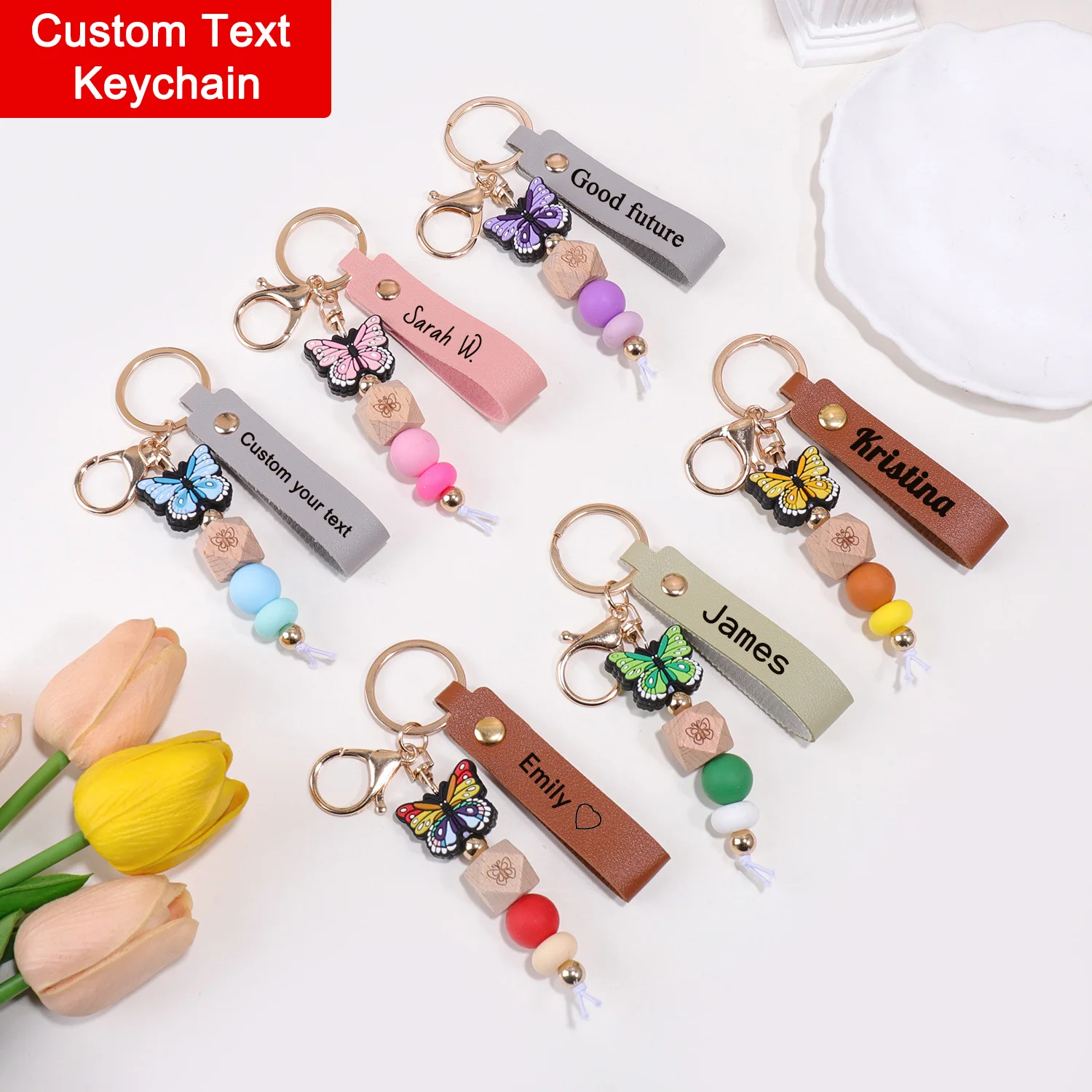 

Custom Text Keychain Personalized Name Key Ring Gift For Men Women Butterfly Pendant Laser Engraving Customized Text Key Chain