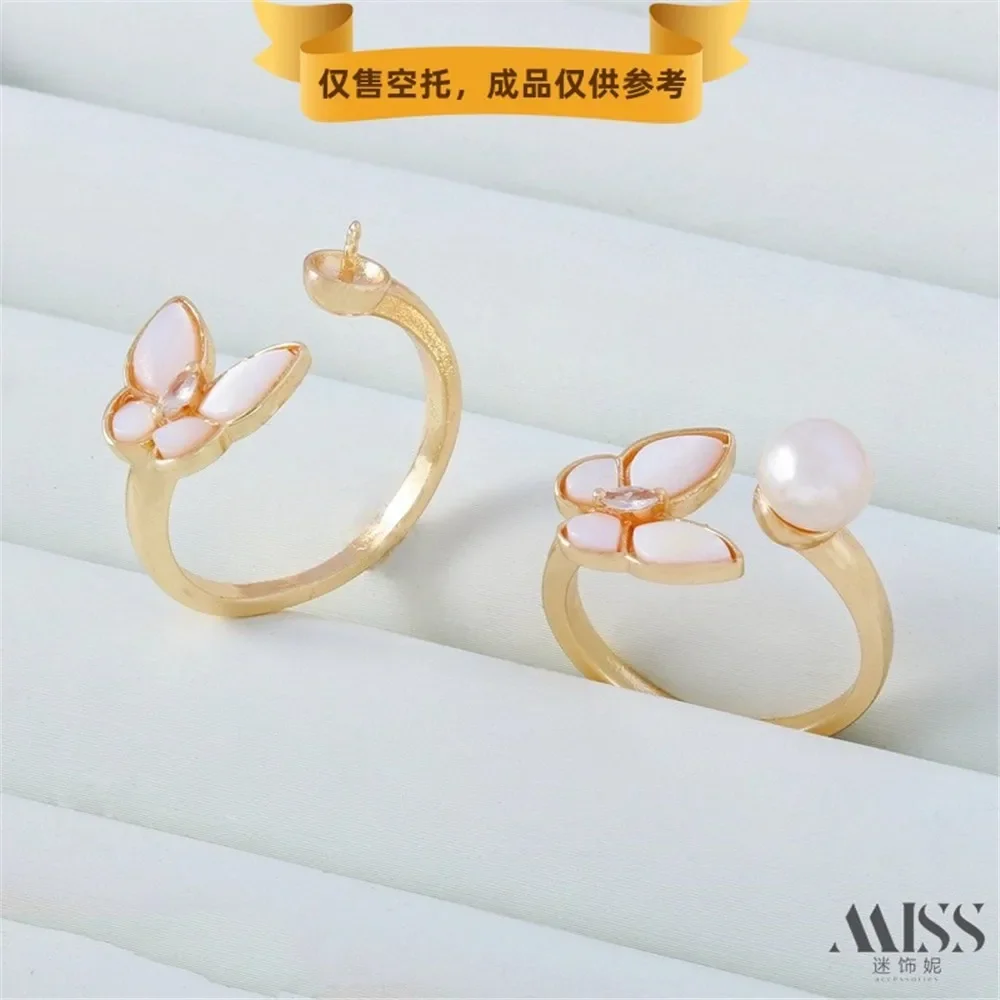Bague en Zircon incrusté d'or 14K, coquille blanche naturelle, perle papillon, avec bouche mobile et porte-aiguille, accessoires de bricolage