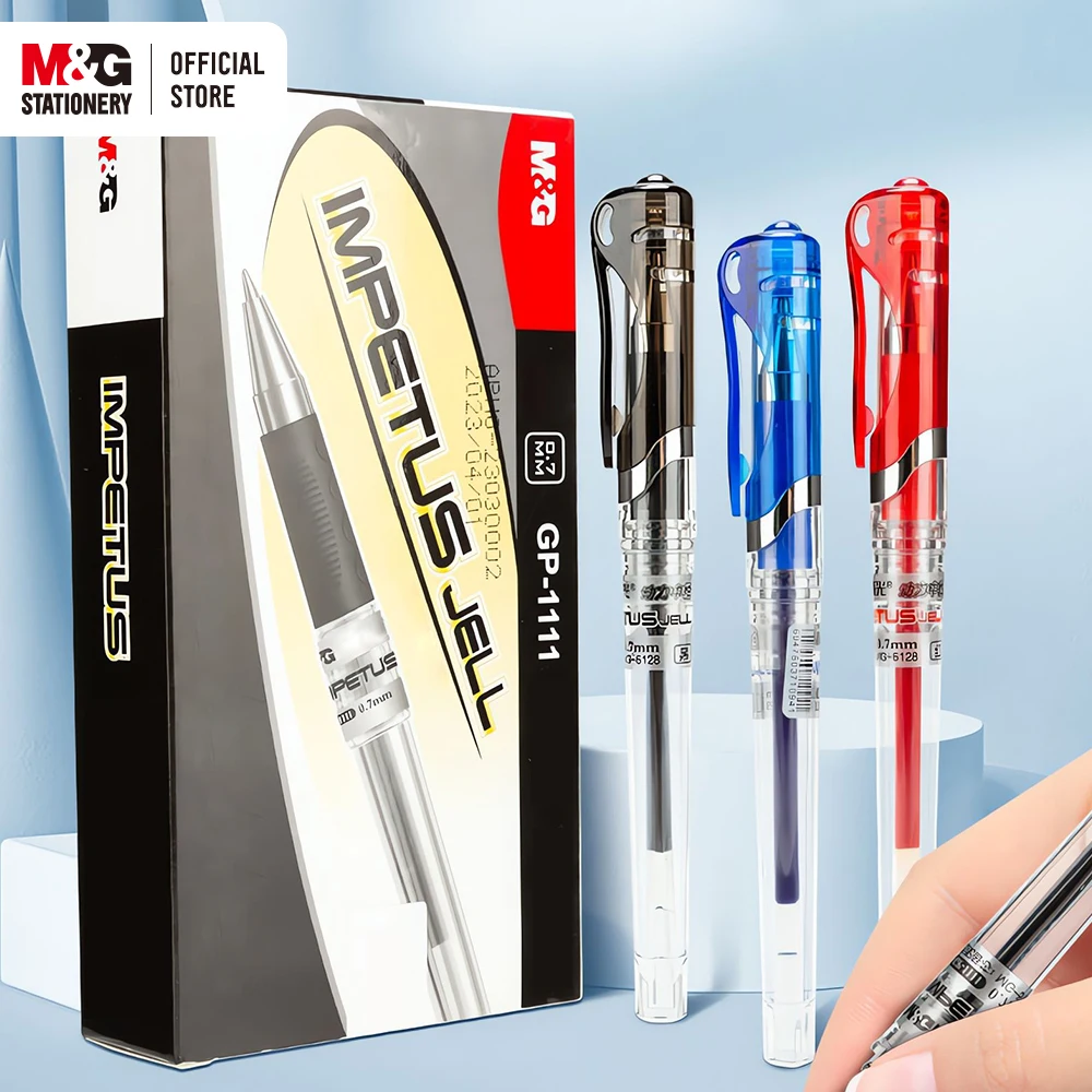 M&G 12pcs Gel Pen 0.7mm Large Capacity Draw Cap Bullet Signature Pen Writing Black Blue Red for Students Office