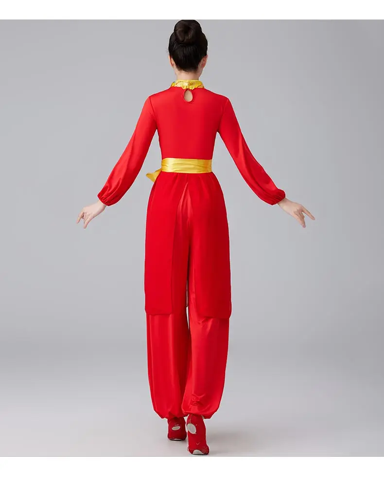 Tradycyjny chiński strój narodowy, starożytny strój do tańca perkusyjnego Yangko, strój do tańca z wachlarzami, ludowy, elegancki strój do występów tanecznych.