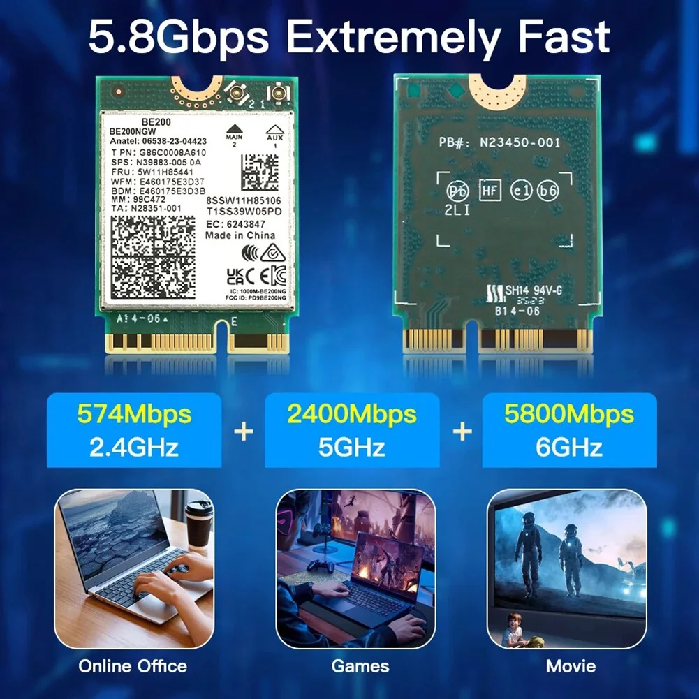 Imagem -05 - Adaptador de Rede sem Fio para Windows 10 e 11 Cartão Wi-fi Be200 Be200ngw Antena 10db bt 5.4 802.11ax Tri-band M.2 Ngff Pcs