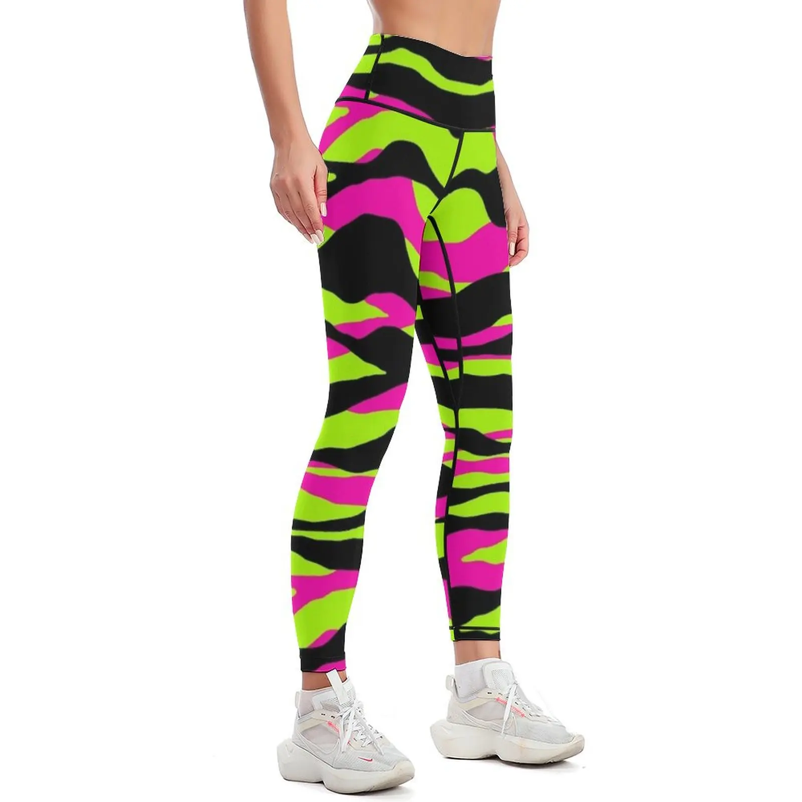 Neon Rave Zebra Wild Animal Print in hot Pink Bright Green and Black Leggings Women's pants fitness set gym Womens Leggings