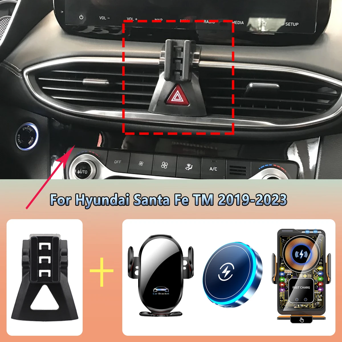 Car Phone Holder Vent for Hyundai Santa Fe TM 2019 2020 2021-2023 Wireless Charging Car Charger Cradle for Magsafe Accessories