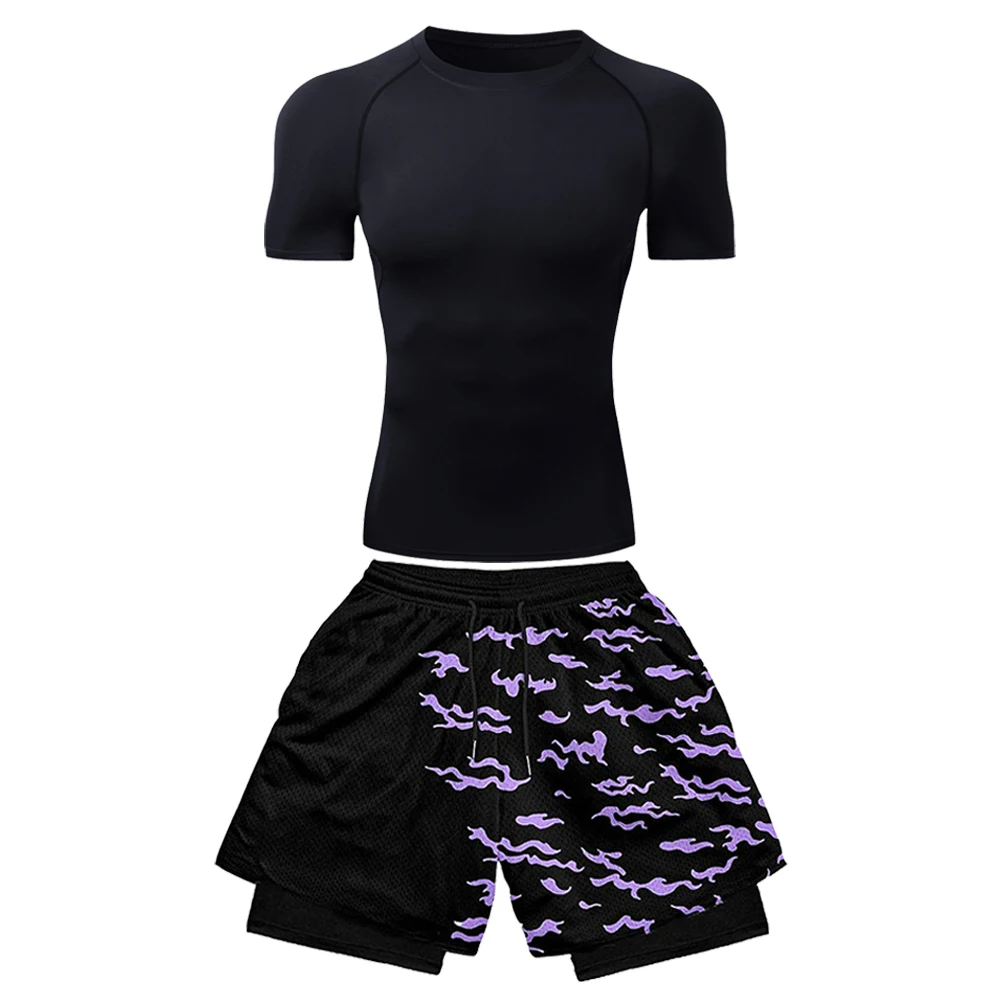

Men's Gym Set Compression Shirt T-shirt + 3D Printed Shorts 2 Piece Tracksuit Sportswear Fitness Training Running Suit Male